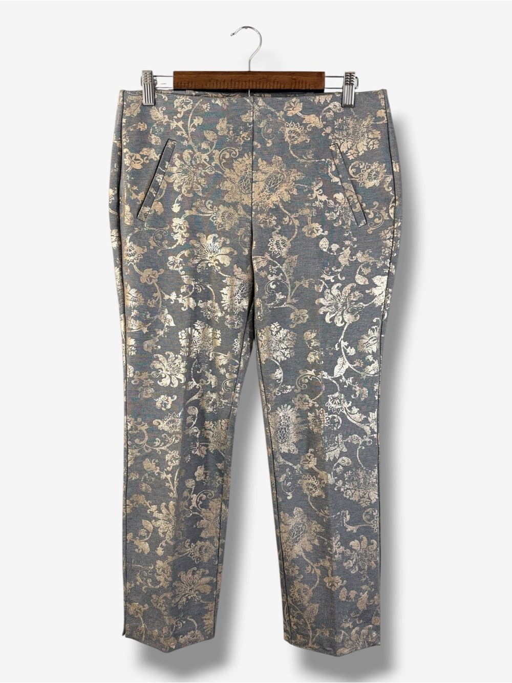 Chico’s Pull On Ankle Pants 0.5P (US 6P) Petite Gray Gold Metallic Ponte Knit